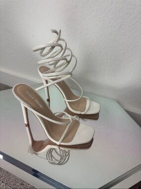 Public Desire White Spiral Lace-Up Stiletto Sandals